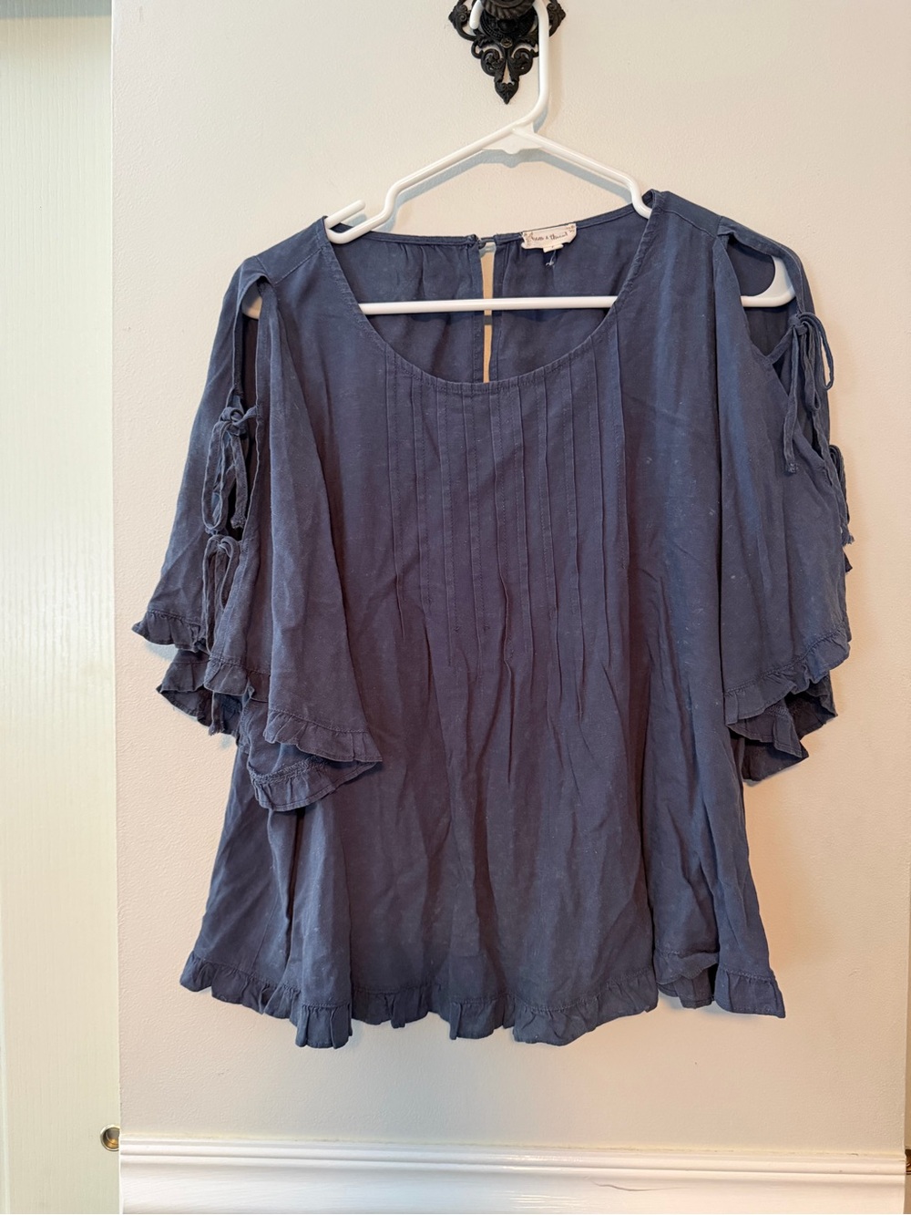Hem & Thread Navy Cold-Shoulder Pintuck Blouse